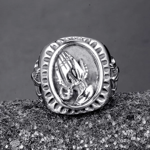 Praying Hands Stainless Steel Ring For Men Women Gothic Punk Retro Religious Cross Wings Embossed Signet Ring Jewelry