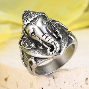 Vintage stainless steel Ganesha elephant ring with antique finish for men and women