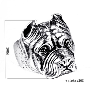 Detailed view of vintage silver bulldog head ring with 26mm height scale and 20g weight