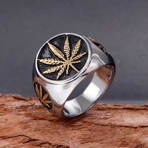 Men Stainless Steel Signet Ring Retro Punk Marijuana Leaf Pattern Polished Hip Hop Finger Ring Gold Silver Jewelry Gift