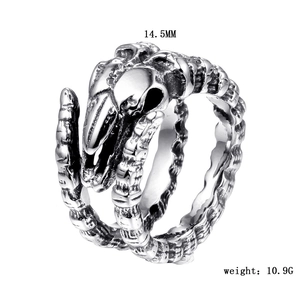 Detail view of gothic skull ring with spine band texture, 14.5mm width and 10.9g weight