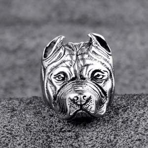 Bulldog head shaped stainless steel ring for men with realistic animal carving detail