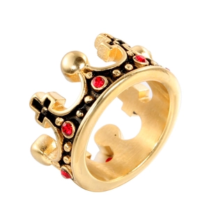 Bague couronne dorée avec strass rouge et croix, fabriquée en acier inoxydable durable