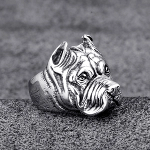 Retro bulldog head stainless steel ring for men with vintage oxidized metal finish