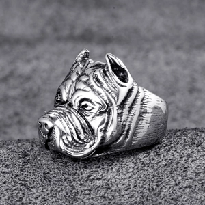 Rugged stainless steel bulldog ring with detailed animal carving and polished silver finish