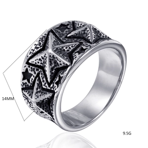 Detail shot of 14mm wide stainless steel star ring with vintage embossed five-point stars