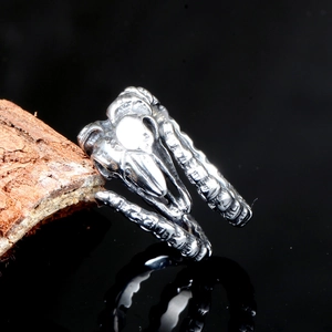 Vintage silver stainless steel crow skull ring with gothic adjustable band for men
