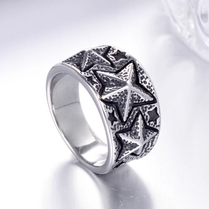 Vintage 316L Stainless Steel Five Pointed Star Wide Band Ring For Men Antiqued Oxidized Punk Rock Star Biker Finger Ring Jewelry