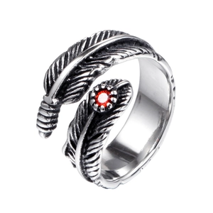 Retro silver feather ring with a vibrant red round zircon stone and oxidized finish