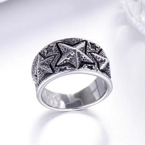Vintage stainless steel ring featuring textured pentagram stars and a polished silver finish
