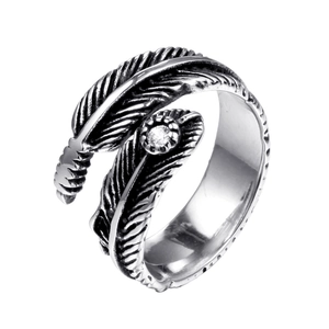 Vintage silver feather open ring with retro engraved texture and sparkling zircon stone