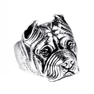 Pitbull Head Ring Stainless Steel Vintage Punk Biker Animal Motif Jewelry For Men Unisex Retro Distressed Band