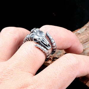 Vintage stainless steel bird skull ring with spinal band design and retro silver finish
