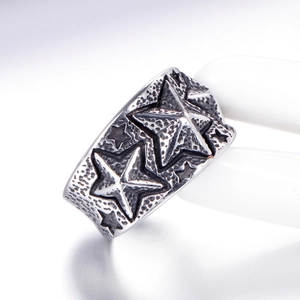 Vintage stainless steel pentagram star ring with oxidized silver finish for men