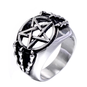 Gothic style men's stainless steel pentagram ring with vintage claw texture design