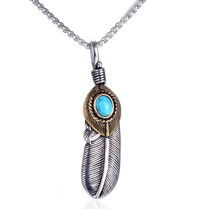 Vintage Stainless Steel Feather Pendant Necklace Native American Style Turquoise Inlaid Retro Jewelry For Men Women