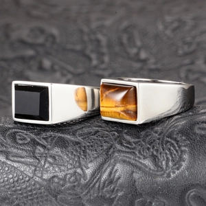 Men's titanium steel rings with geometric black agate and tiger eye stones
