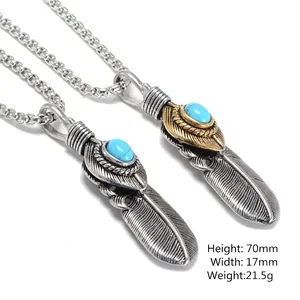 Retro titanium steel feather pendant necklaces with turquoise stone inlay, 70mm height