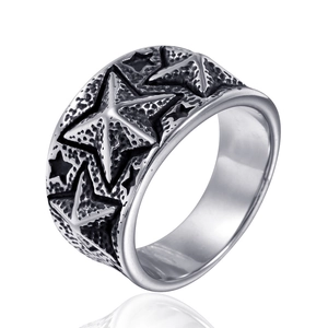 Vintage stainless steel wide band ring featuring embossed pentagram star with hammer texture