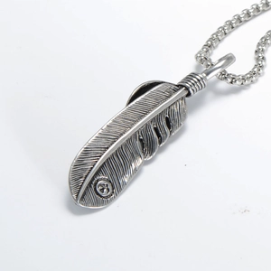 Vintage silver feather pendant necklace with eagle seal on stainless steel box chain
