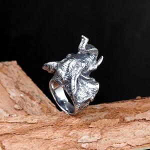 Macro shot of silver punk elephant ring showing detailed texture and antique finish