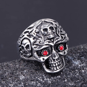 Vintage 316L Stainless Steel Gothic Skull Ring With Red Rhinestone Eyes Retro Punk Hip Hop Biker Finger Ring For Men Women