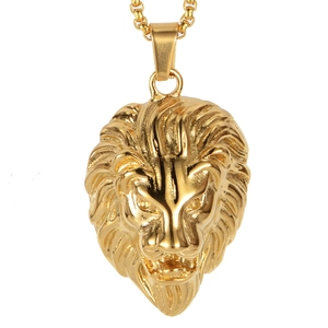 Vintage gold lion head pendant with box chain, bold titanium steel necklace for men