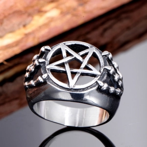 Men's retro stainless steel ring with gothic pentagram star design and textured finish