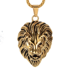 Retro lion head pendant necklace in gold stainless steel with chunky box chain