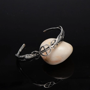 Vintage stainless steel feather open bangle bracelet with cross ornament for men