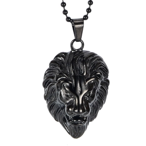 Vintage black stainless steel lion head pendant necklace with textured carving for men