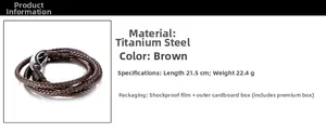 Detailed technical specifications for 21.5cm brown braided leather bracelet with steel clasp