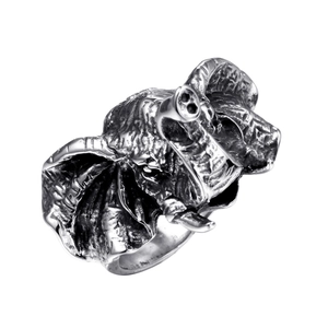 Vintage punk elephant head ring in plated stainless steel with retro silver finish