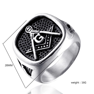 Macro detail of Freemasonry signet ring showing compass, square G symbol and 20mm width
