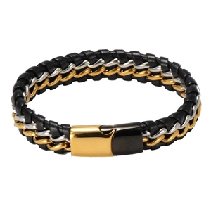 Detail of woven black leather bracelet with gold and silver steel chain textures