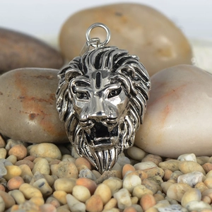 Detailed macro view of vintage stainless steel lion head pendant with embossed textures