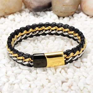 Titanium steel braided men's bracelet with gold and silver links on white stones