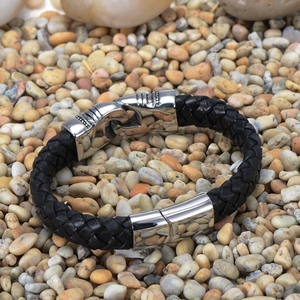 Men's black braided leather bracelet with vintage silver stainless steel buckle on pebbles