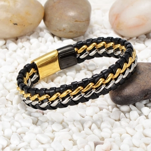 Men's woven leather bracelet with gold and silver titanium steel chain on stones