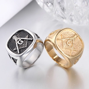 Vintage stainless steel Freemason rings for men with G logo in gold and silver finishes