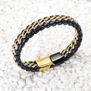 Men's titanium steel woven bracelet with black leather and mixed gold-silver metal chains