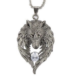 Rock hip hop wolf totem pendant necklace in stainless steel with sparkling crystal