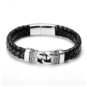 Men Vintage Braided Leather Bracelet Stainless Steel Magnetic Clasp Retro Totem Engraved Biker Punk Hand Jewelry Accessories Gift