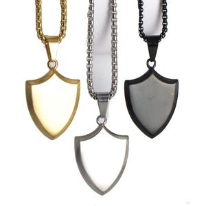 Polished 316L stainless steel shield pendant necklaces in gold, silver, and black finishes