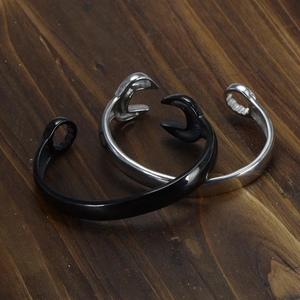 Men's punk rock wrench open cuff bracelet in silver and black stainless steel finish