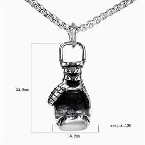 Vintage bokshandschoen hanger van roestvrij staal met afmetingen en zilveren vierkante ketting