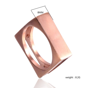 Detail showing 8mm width and 8.2g weight of the rose gold square stainless steel ring