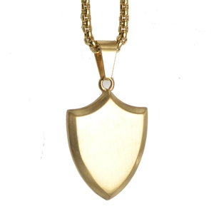 Minimalist gold 316L stainless steel shield pendant with a matte brushed finish on long chain