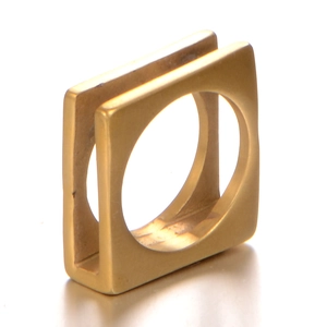Minimalist square stainless steel ring with circular hollow design and matte gold finish