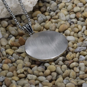 Vintage silver hexagram flame pendant with brushed metal back and etched bail on chain